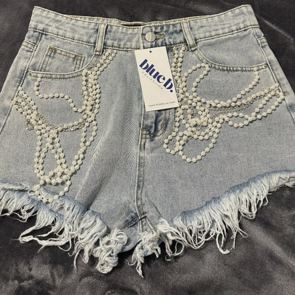 High-Rise Rhinestone And Pearl Denim Shorts